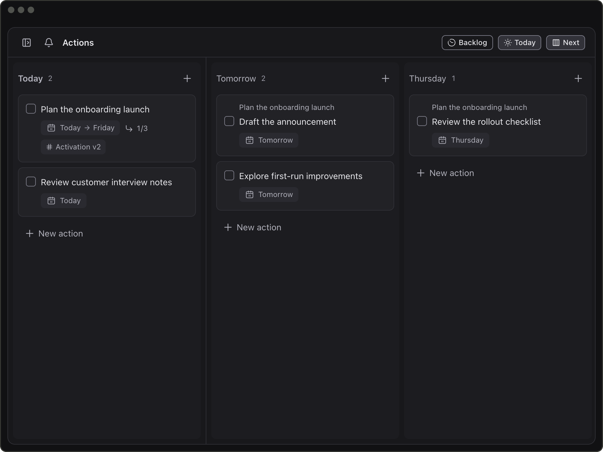 An action board with two actions today, two tomorrow, and a linked rollout checklist on Thursday.