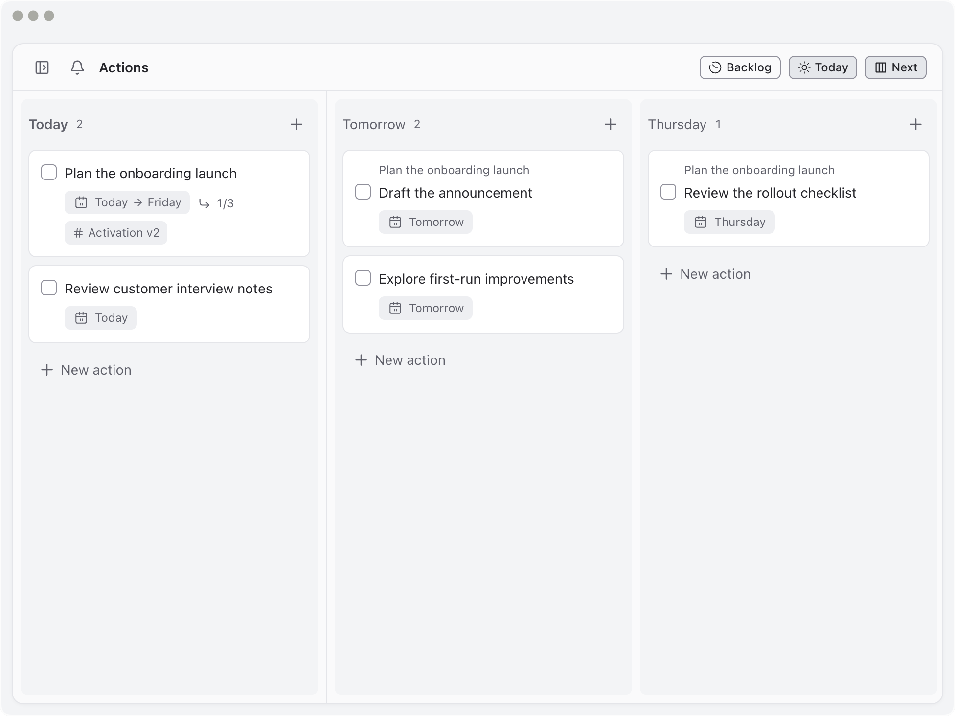An action board with two actions today, two tomorrow, and a linked rollout checklist on Thursday.