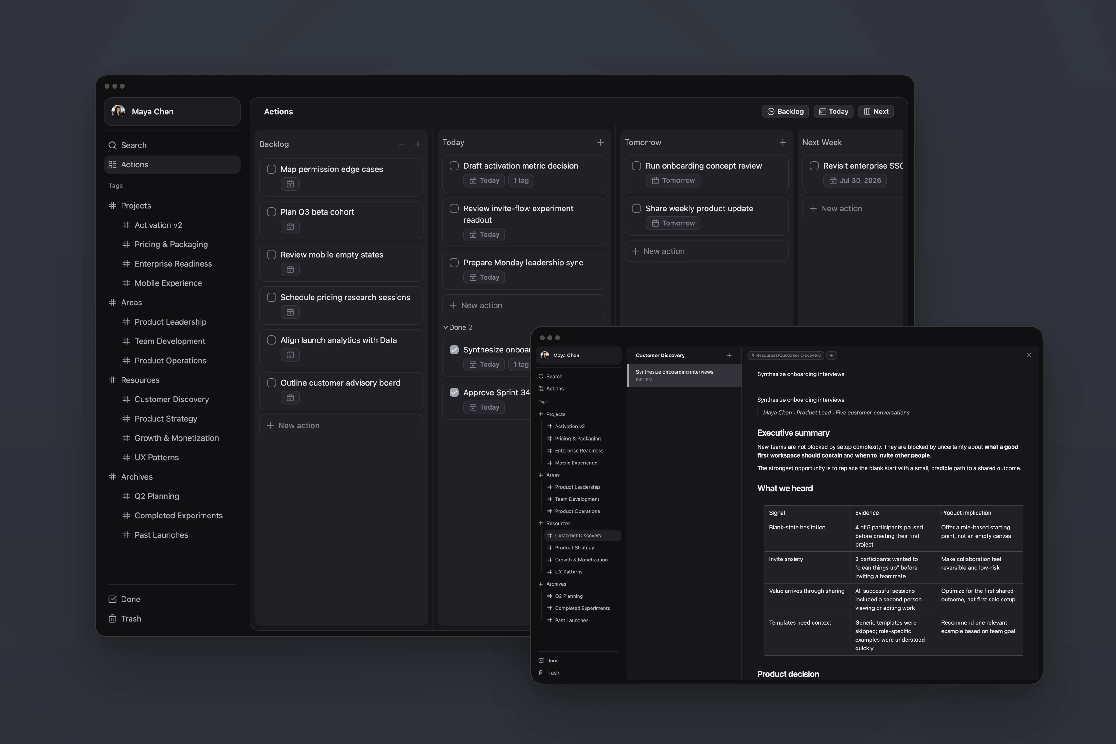 ActionDrivenNote action board with an overlapping Product Strategy note