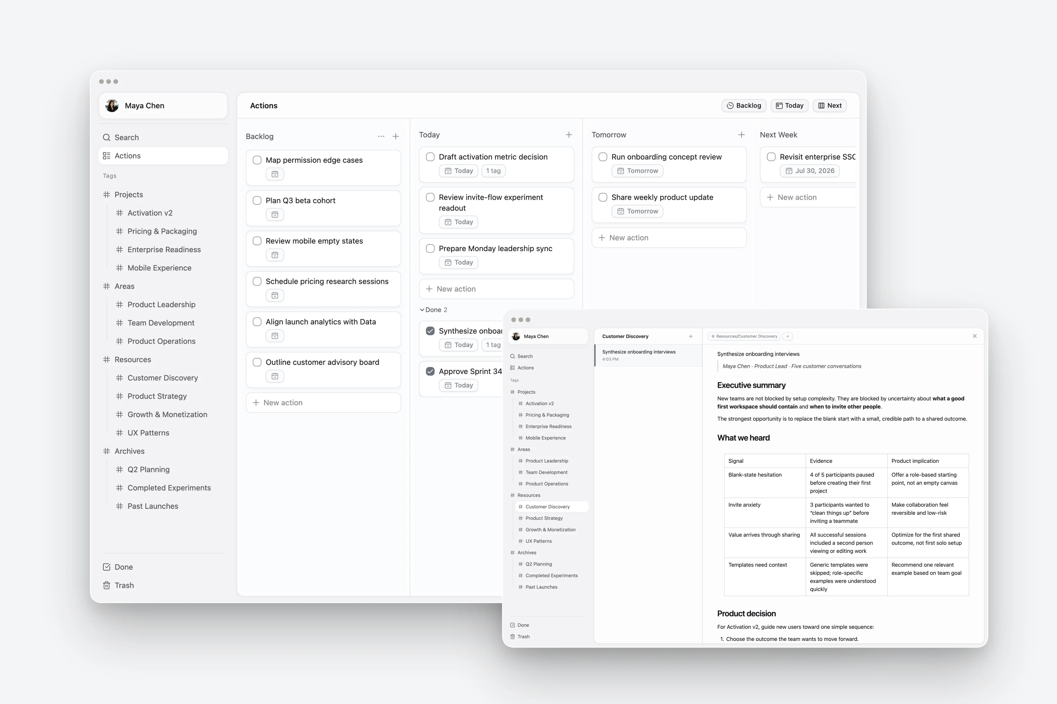 ActionDrivenNote action board with an overlapping Product Strategy note