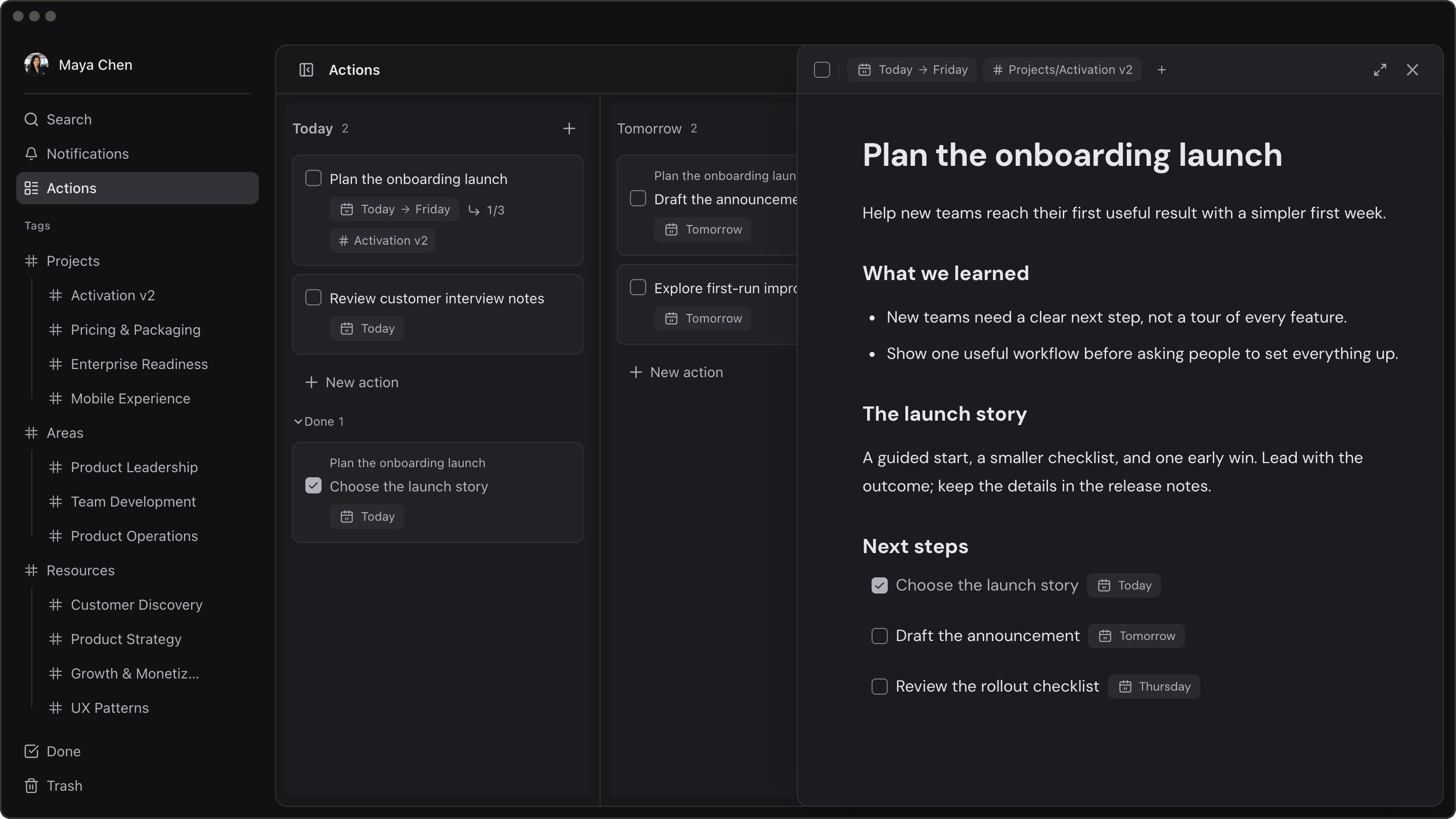 ActionDrivenNote with today’s actions beside an open launch plan, notes, and linked next steps.