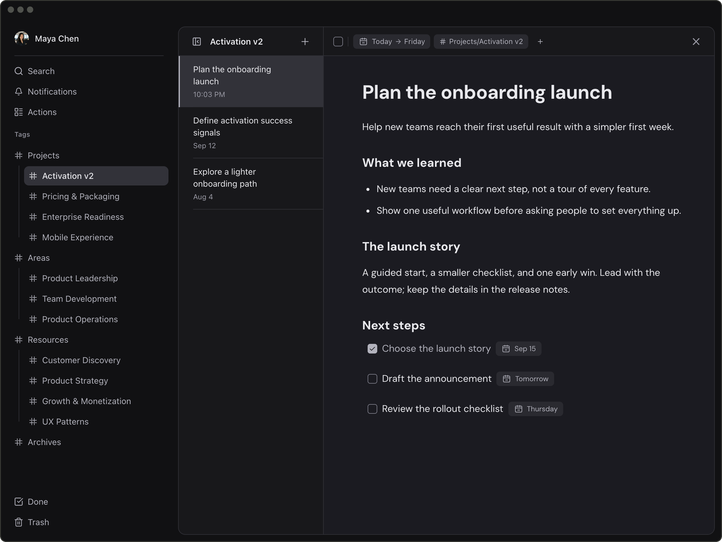 An expanded tag tree with Projects / Activation v2 selected, its related notes listed, and the launch plan open alongside.