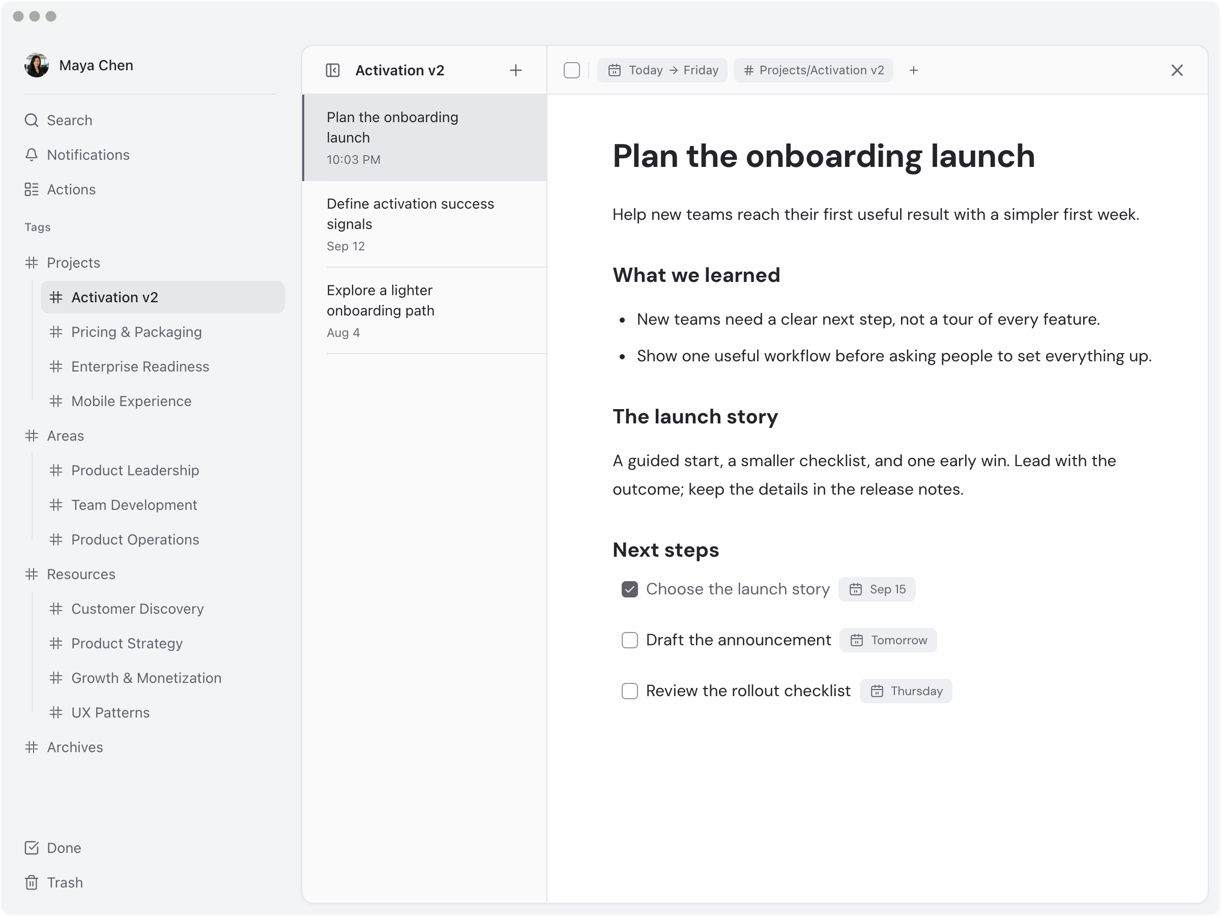 An expanded tag tree with Projects / Activation v2 selected, its related notes listed, and the launch plan open alongside.