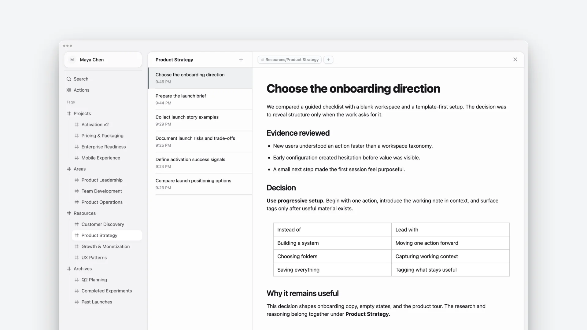A completed ActionDrivenNote action preserved as a note under the Product Strategy topic
