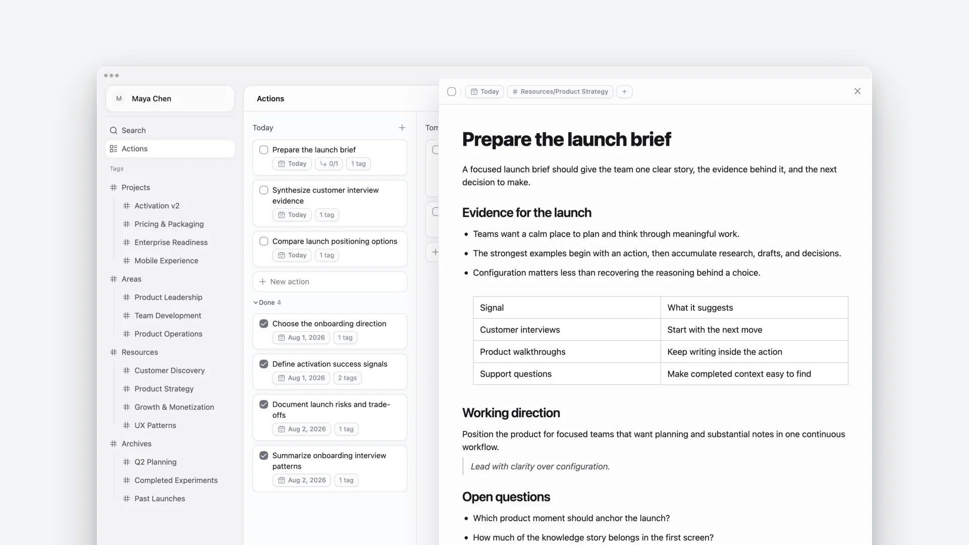 An ActionDrivenNote action opened into a full writing space with evidence, decisions, and a next action