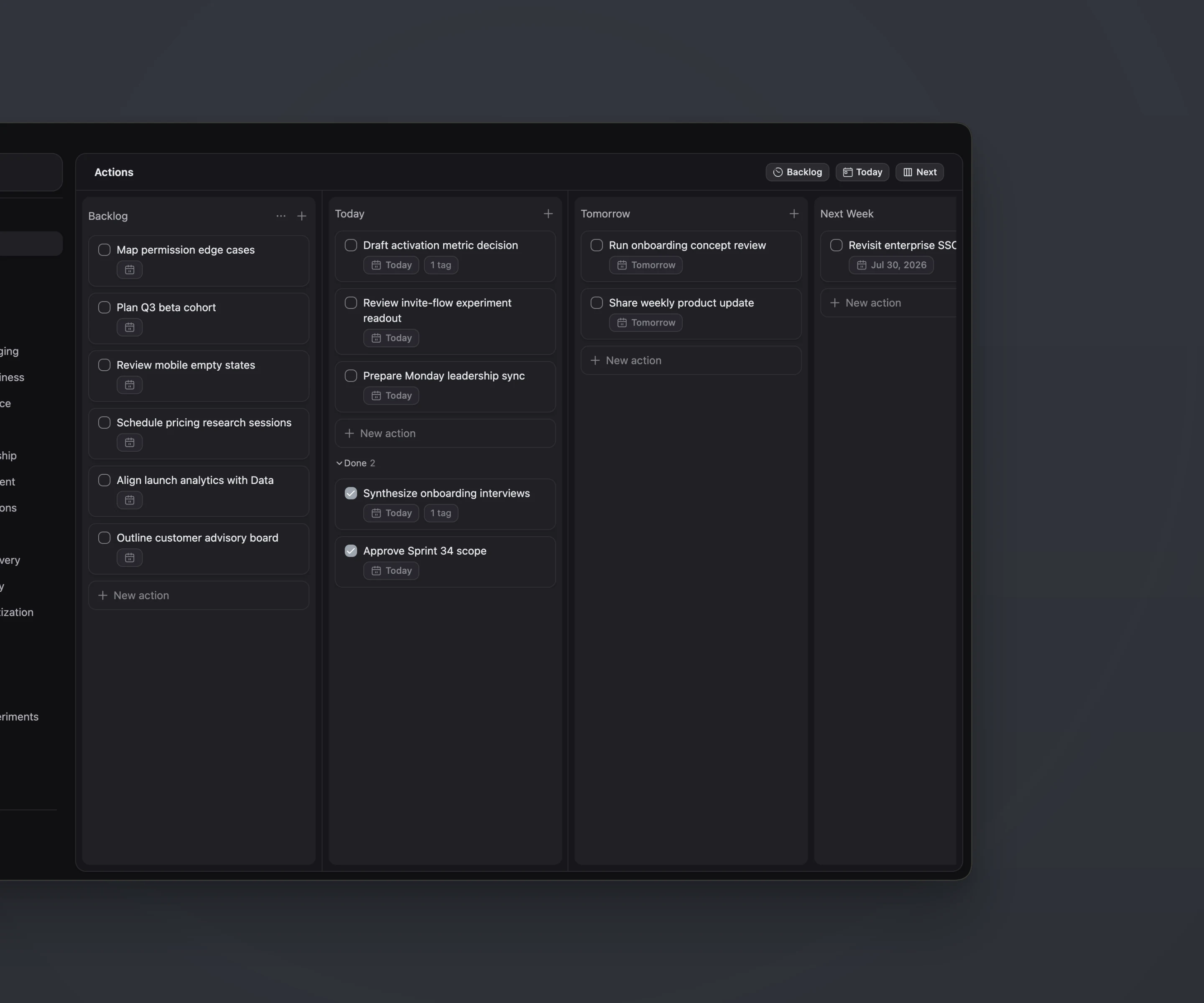 ActionDrivenNote workflow screenshot showing action setup.